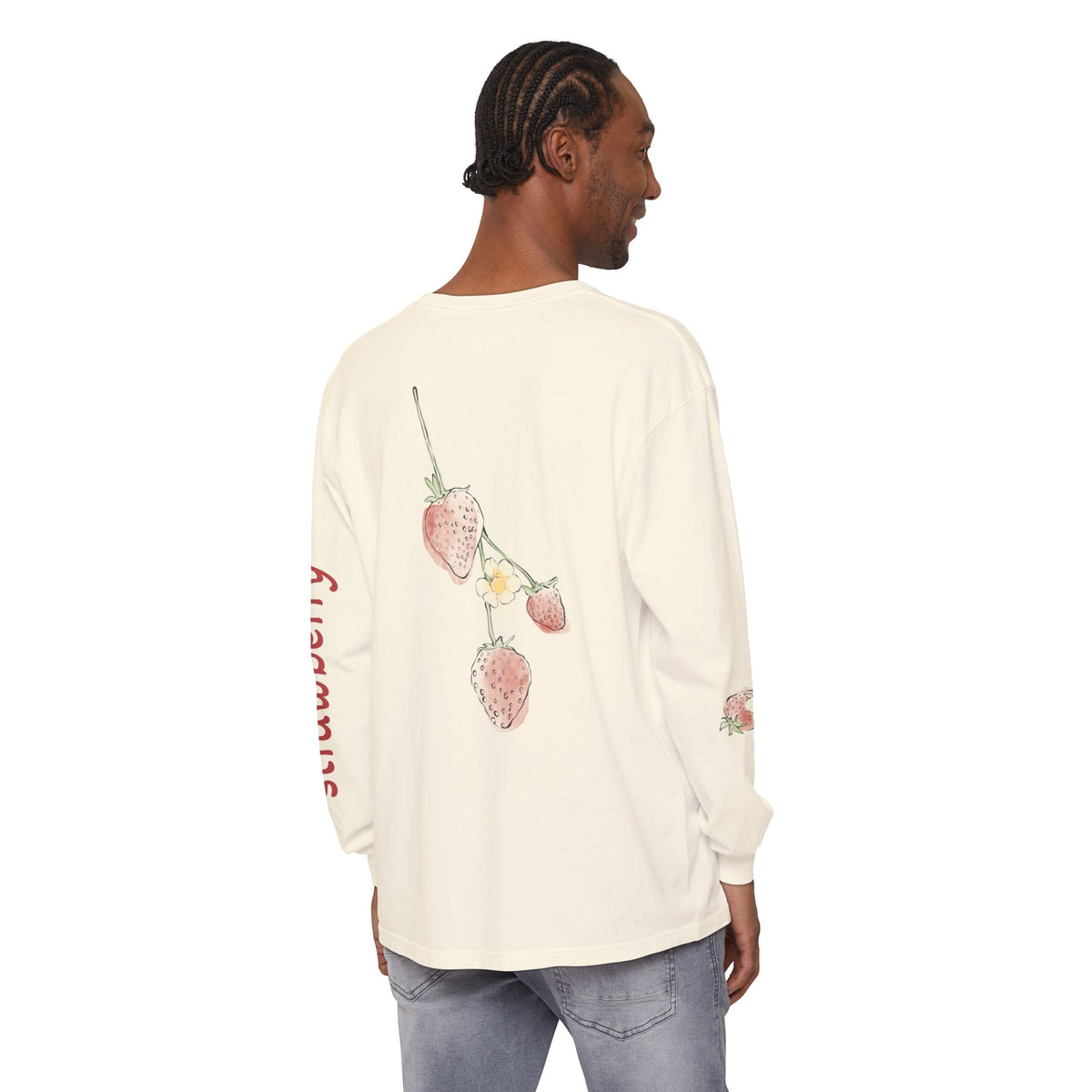 Strawberry Watercolor Long Sleeve T-Shirt | Fruit Sleeve Print