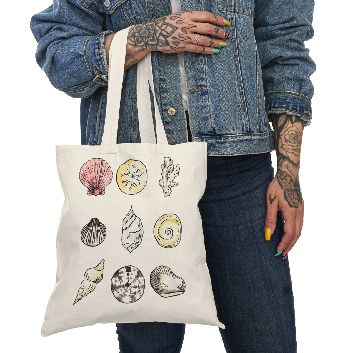 Hand-Drawn Seashells Natural Tote Bag | Beach Shell Illustration