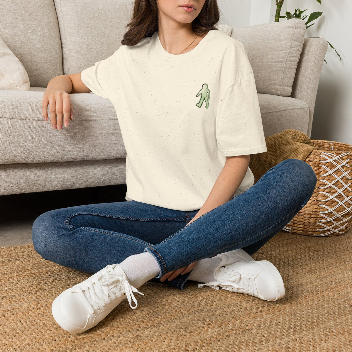 Minimal Green Walking Figure T-Shirt | Small Chest Embroidery