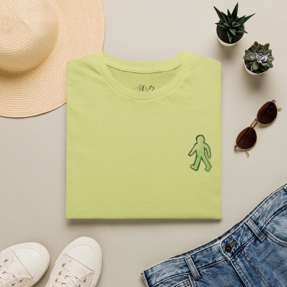 Minimal Green Walking Figure T-Shirt | Small Chest Embroidery